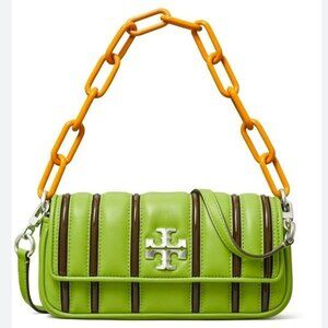 Tory Burch Kira Green Leather Shoulder Bag Stripe Chain Strap Silver Hardware